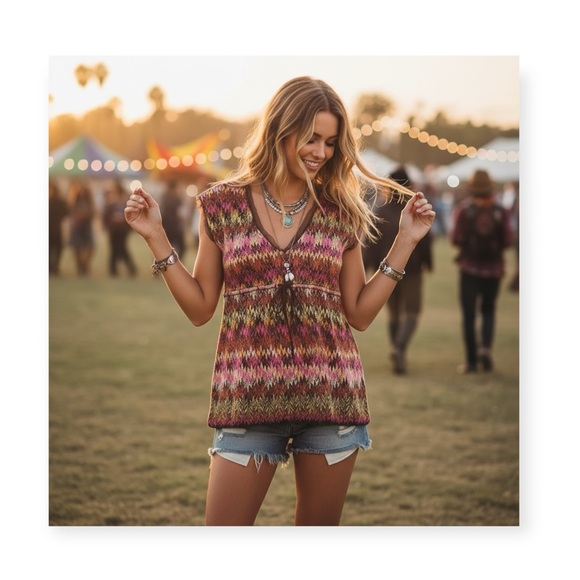 new Papillon Blanc 🝮 Woven Chiffon Overlay Top 🝮 Ikat Stripe 🝮 Pink Brown 🝮
